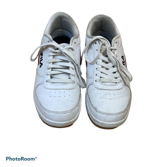 FILA Women’s White Retro Court Sneakers Size 9 Red Navy Stripe Leather Low Top - Picture 2 of 8
